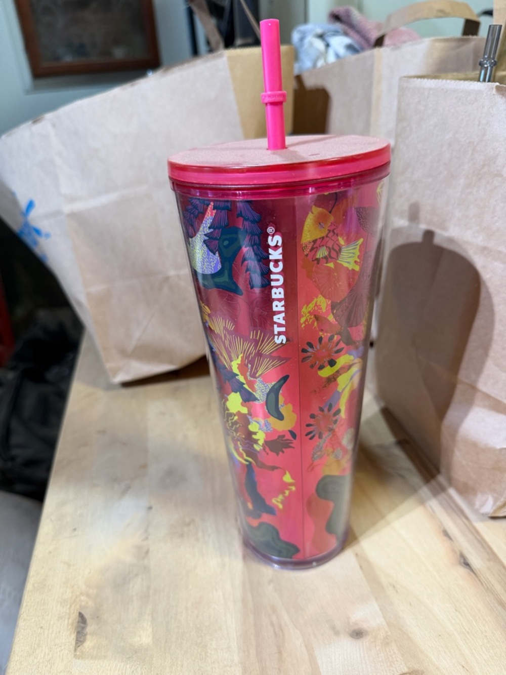 Starbucks Red and Pink Floral Tall Tumbler with Straw